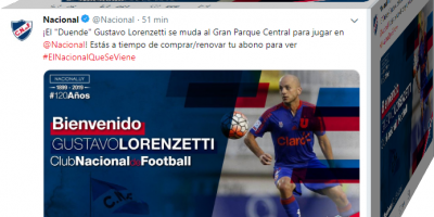 Nacional anuncia la llegada del volante Lorenzetti