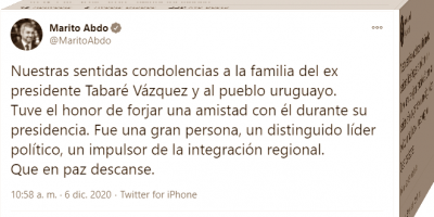Abdo Ben�tez destaca a Tabar� V�zquez como "impulsor de integraci�n regional"