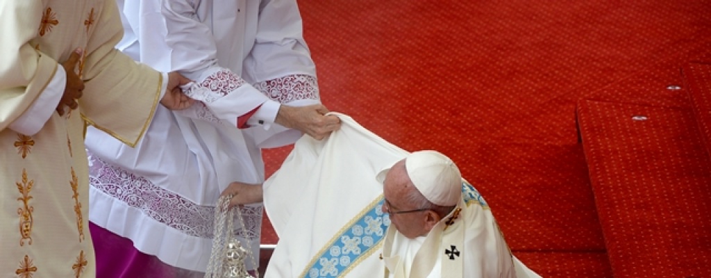 El papa sufre una ca�da durante una misa en un santuario de Polonia